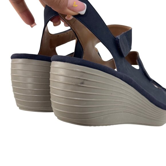 Clarks Navy Blue Nubuck Adjustable Strap Wedge Sandals Women Size 9.5M Comfort - Picture 6 of 14